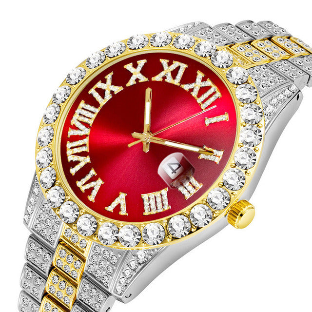 Full Diamond Roman Scale Steel Band Calendar Watch