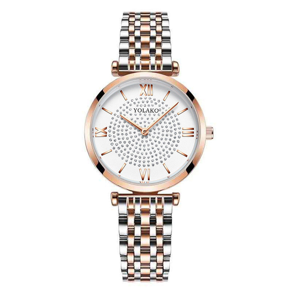 Roman Engraved Diamond-Set Alloy Steel Band Watch