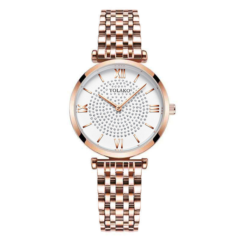 Roman Engraved Diamond-Set Alloy Steel Band Watch