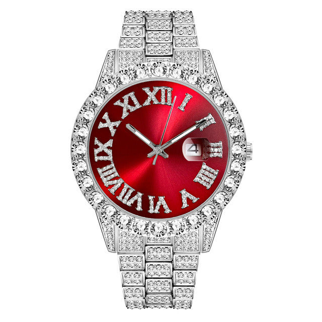 Full Diamond Roman Scale Steel Band Calendar Watch