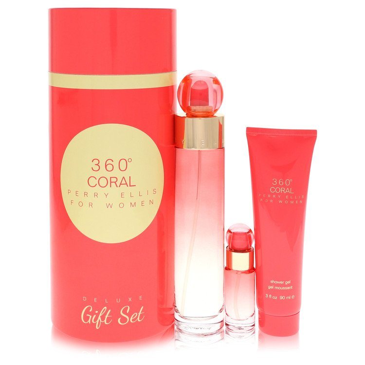 Perry Ellis 360 Coral by Perry Ellis Gift Set - 3.4 oz Eau de Parfum Spray + .25 oz Mini EDP Spray + 3 oz Shower Gel