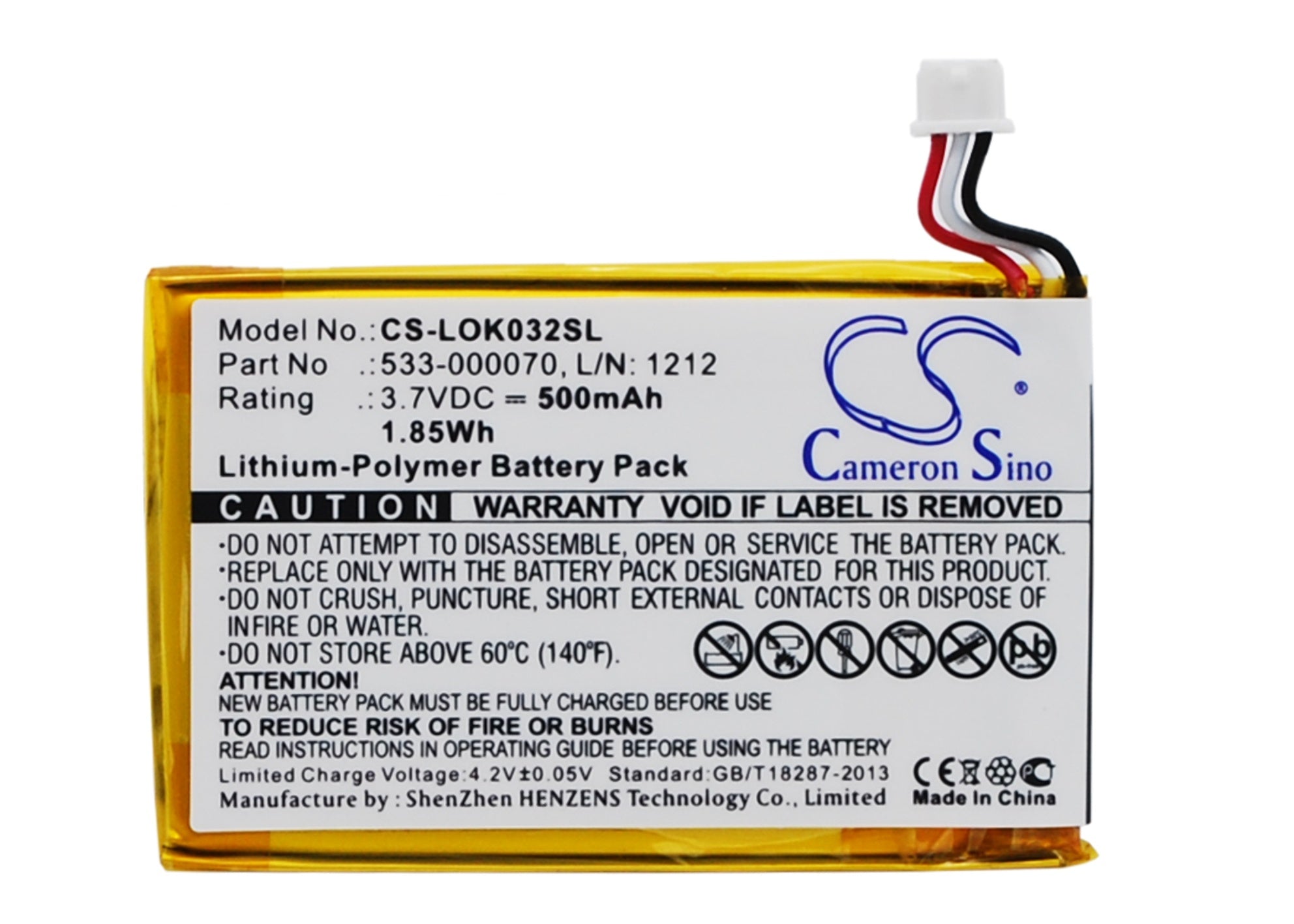 500mAh Battery - CS-LOK032SL / Li-Polymer / Volts: 3.7