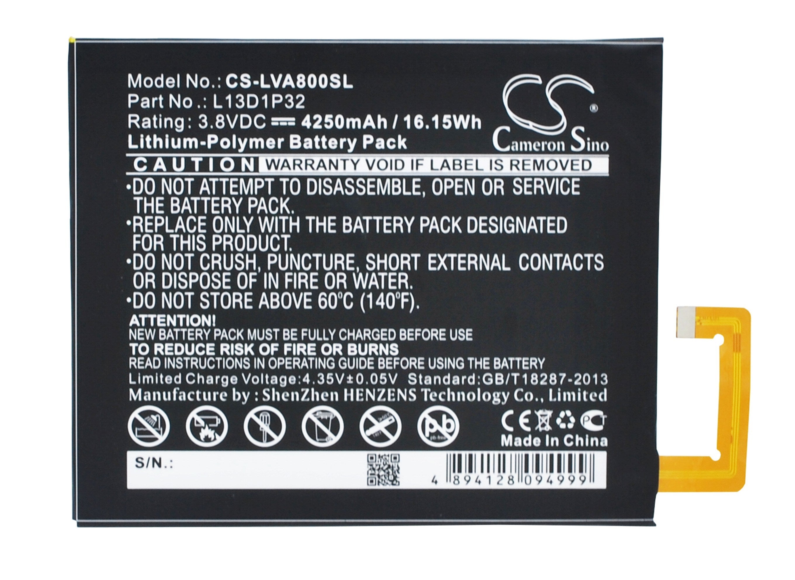 4250mAh Battery - CS-LVA800SL / Li-Polymer / Volts: 3.8