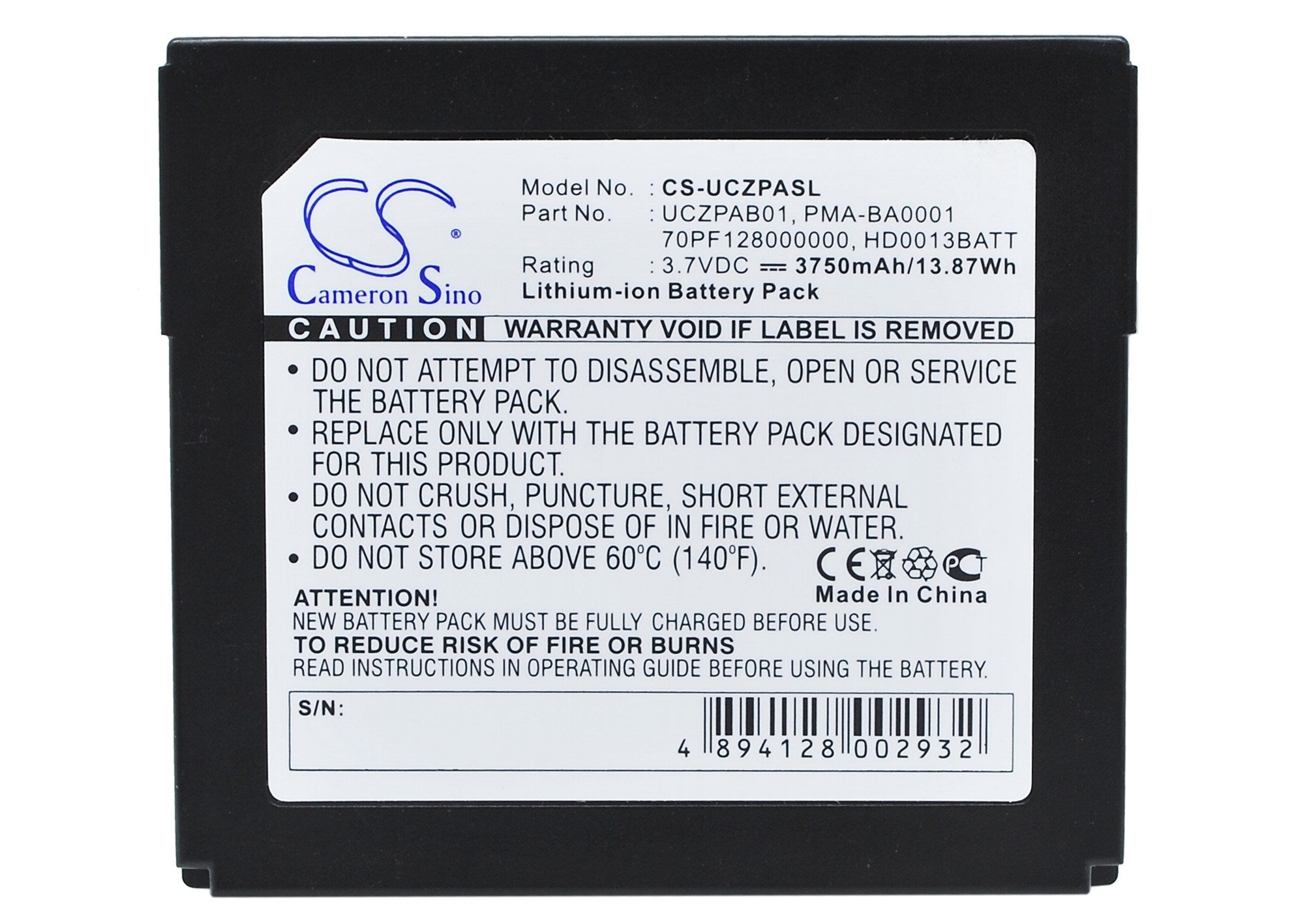 3750mAh Battery - CS-UCZPASL / Li-Polymer / Volts: 3.7
