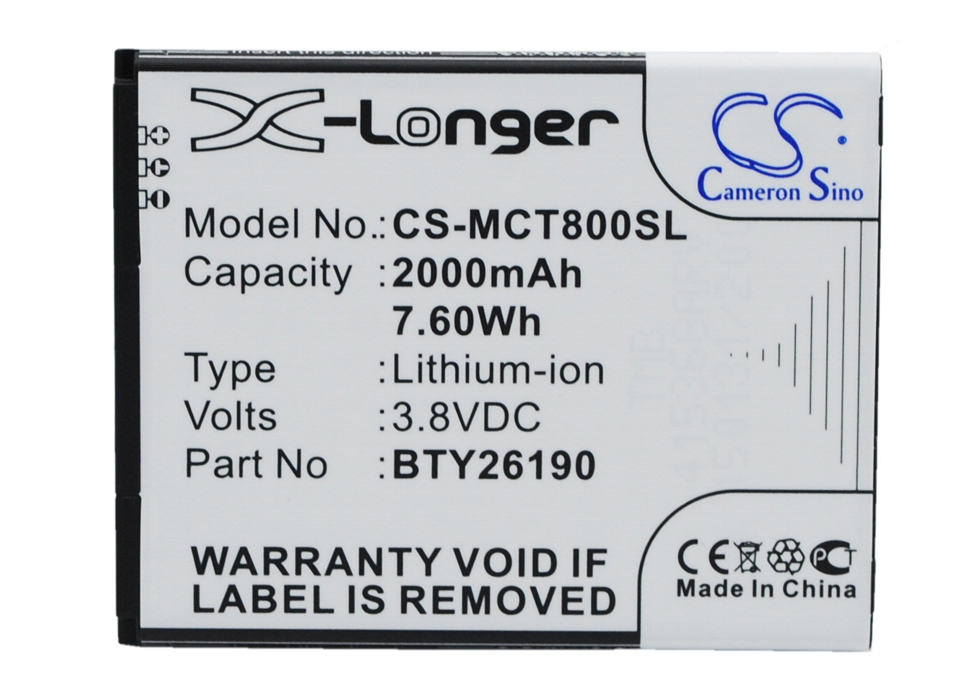 2000mAh Battery - CS-MCT800SL / Li-ion / Volts: 3.8