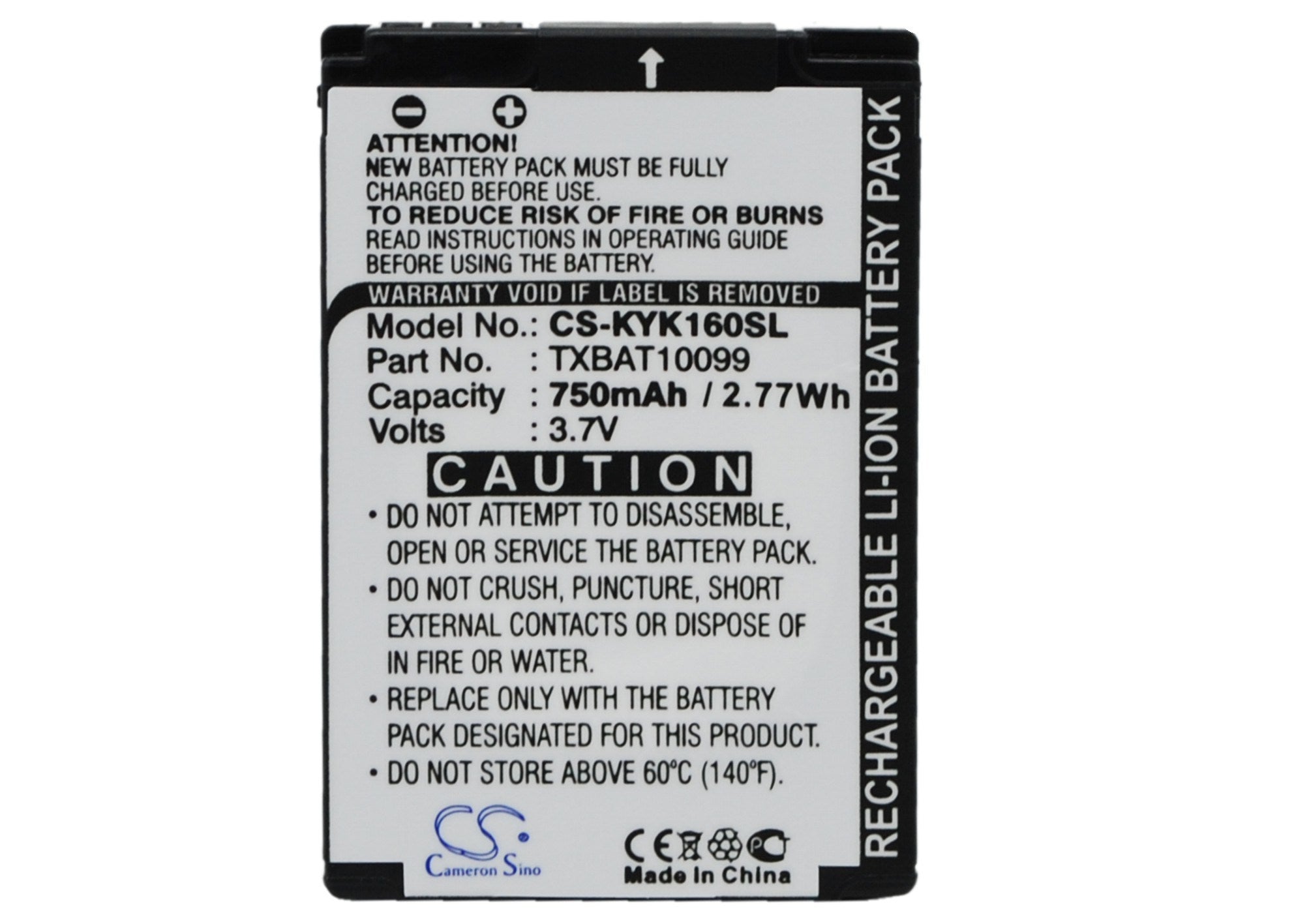 750mAh Battery - CS-KYK160SL / Li-ion / Volts: 3.7