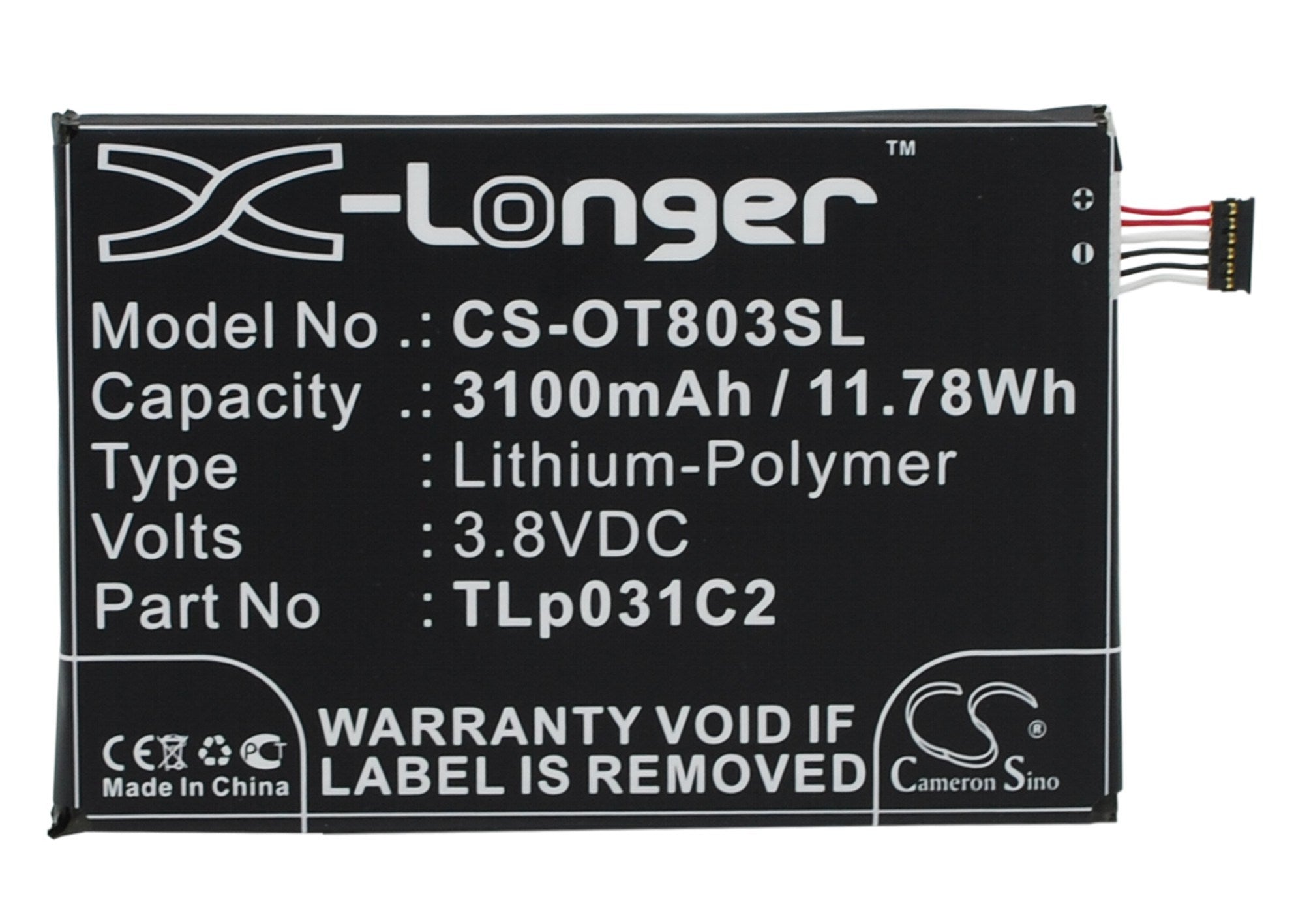 3100mAh Battery - CS-OT803SL / Li-Polymer / Volts: 3.8