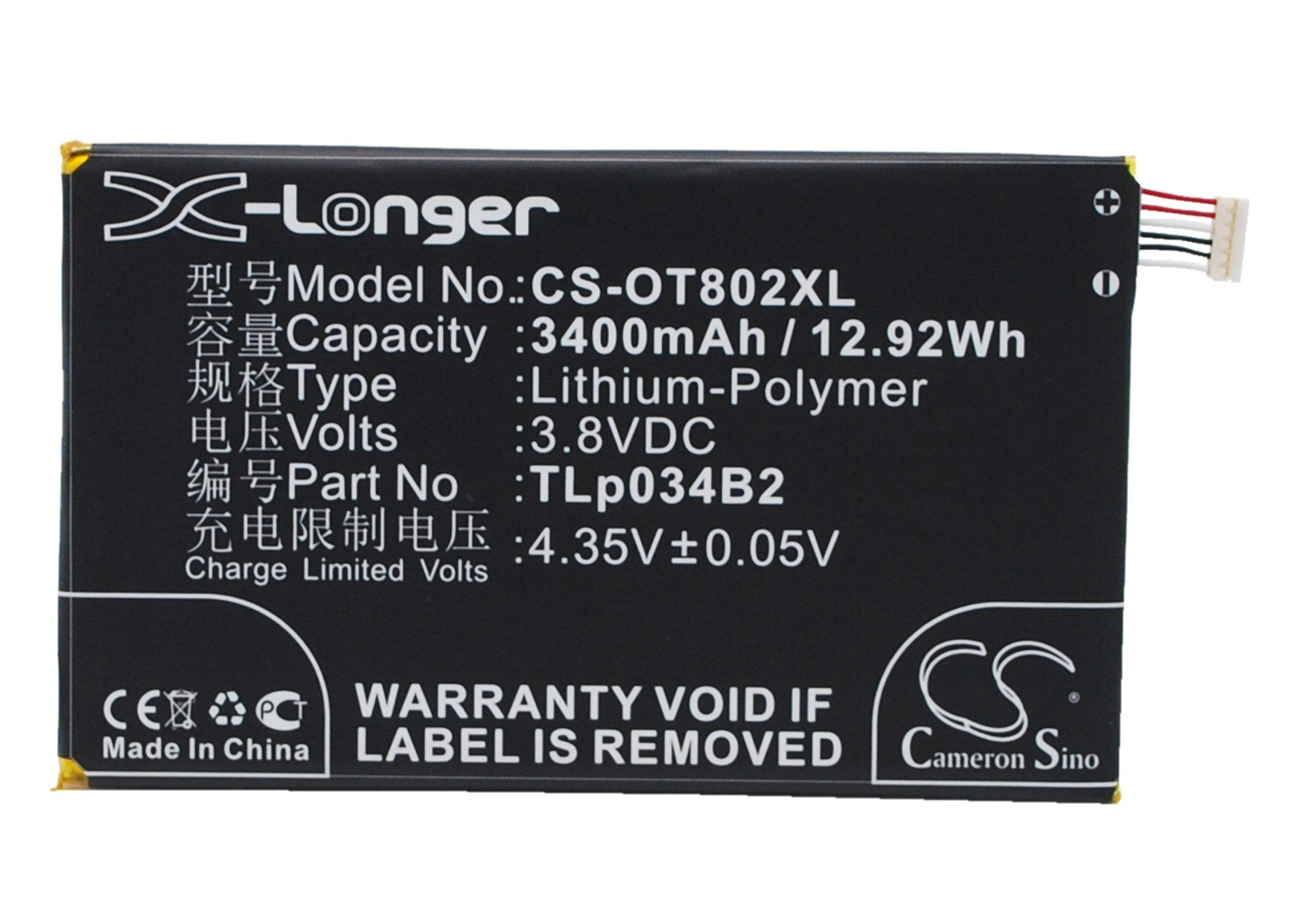 3400mAh Battery - CS-OT802XL / Li-Polymer / Volts: 3.8