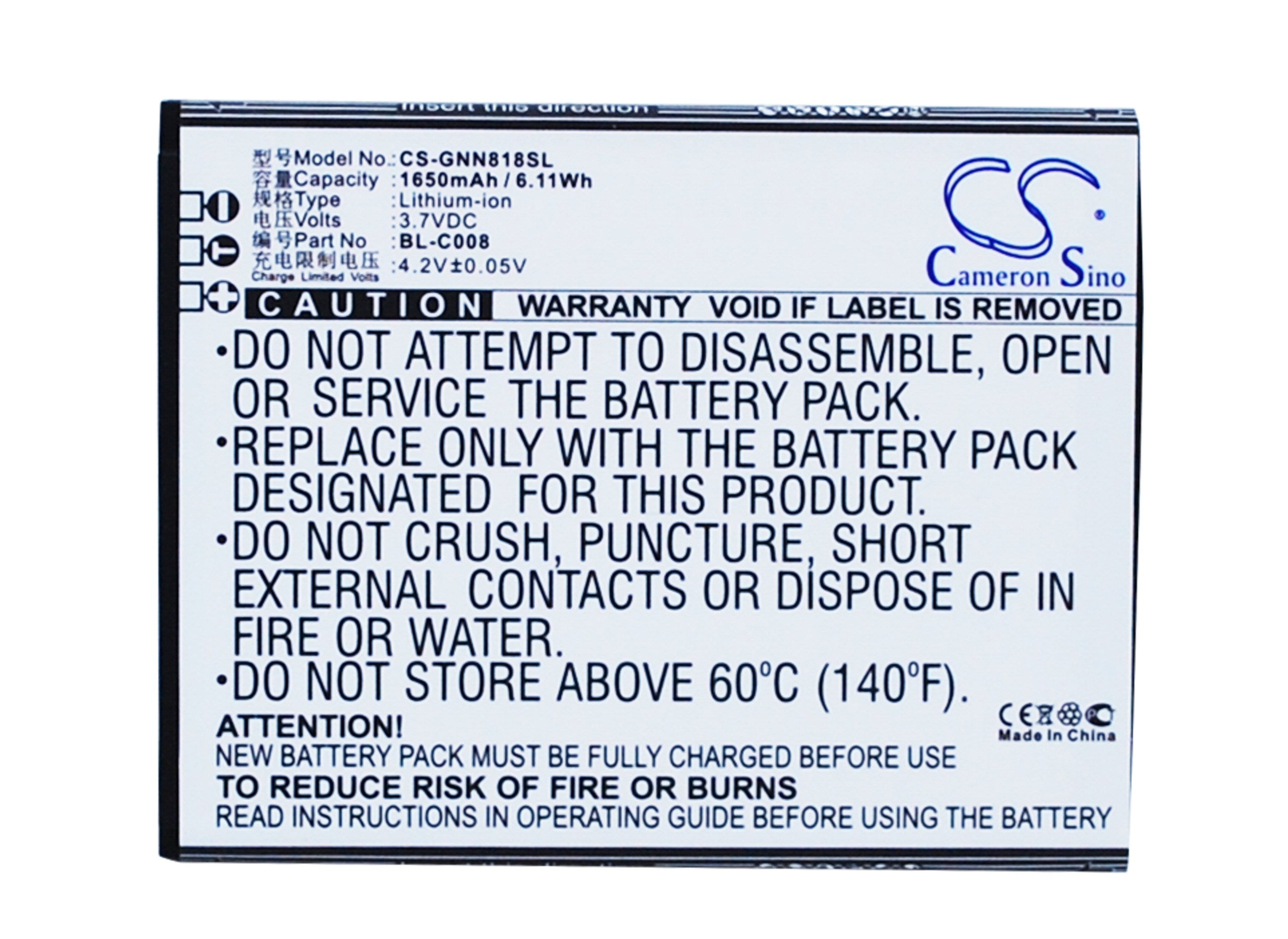 1650mAh Battery - CS-GNN818SL / Li-ion / Volts: 3.7