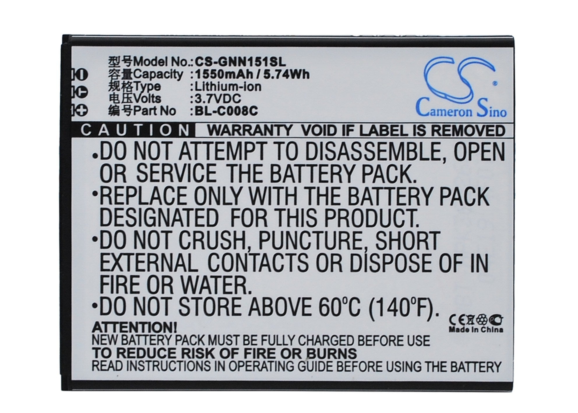 1550mAh Battery - CS-GNN151SL / Li-ion / Volts: 3.7