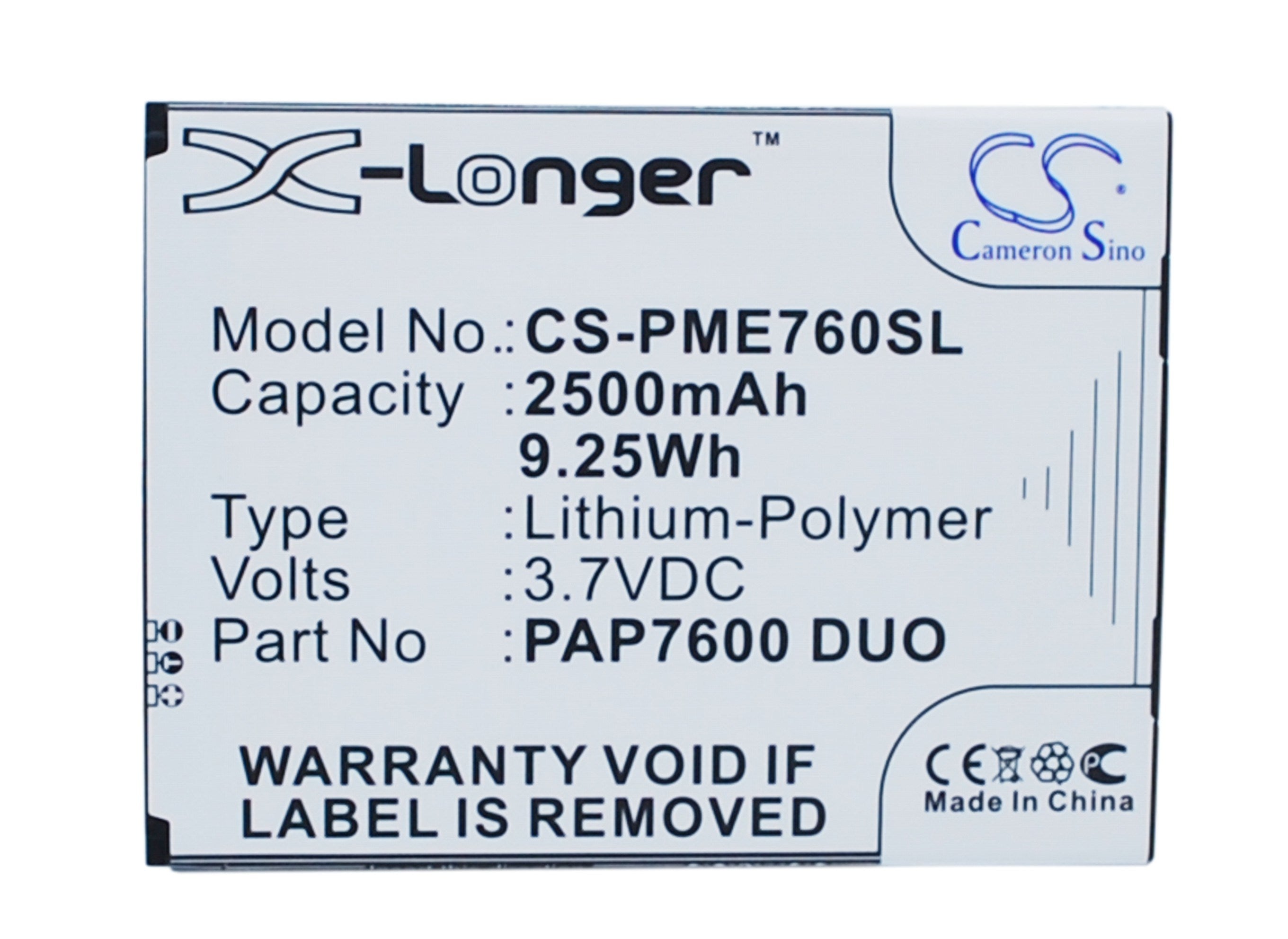 2500mAh Battery - CS-PME760SL / Li-Polymer / Volts: 3.7
