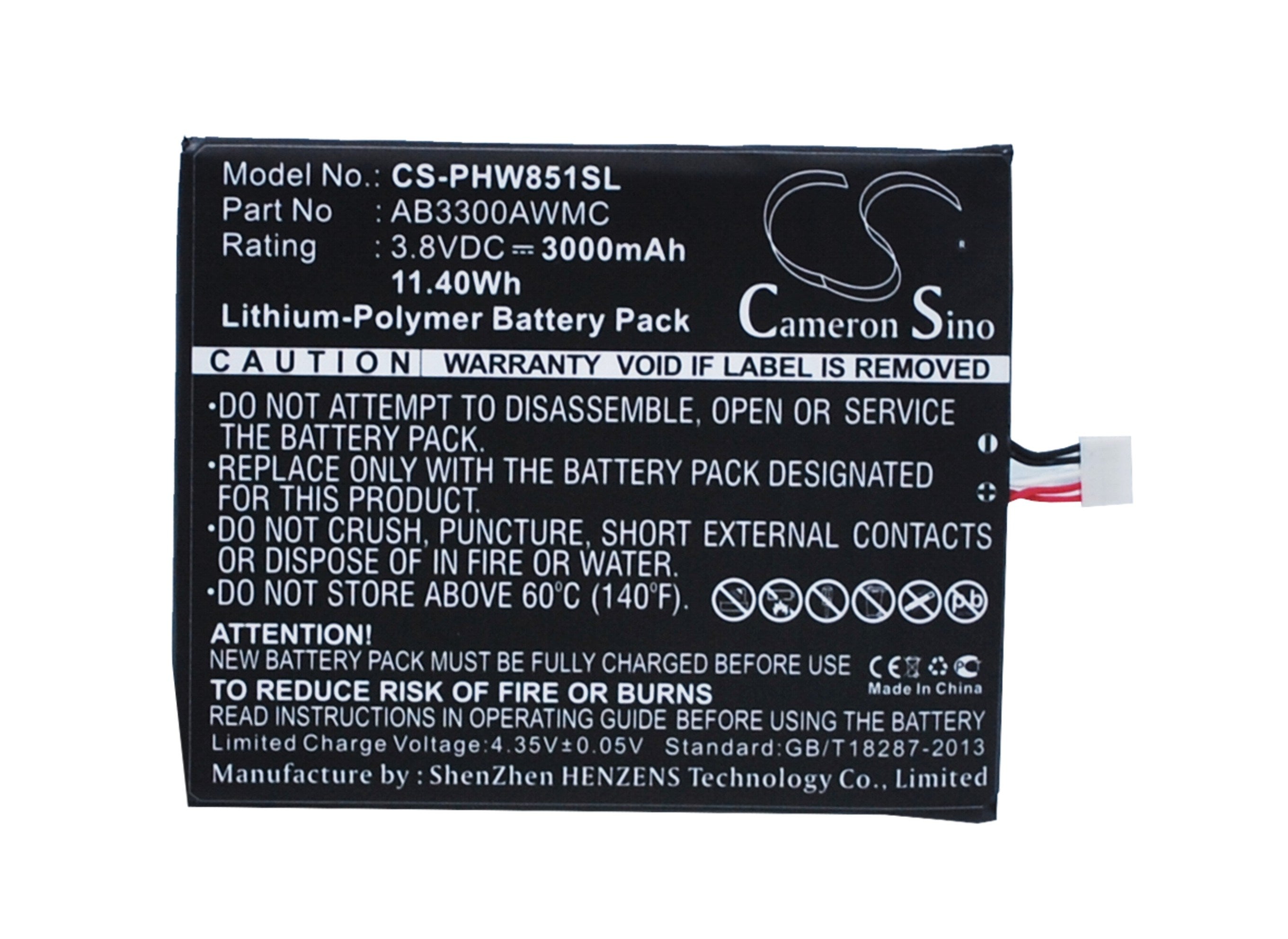 3000mAh Battery - CS-PHW851SL / Li-Polymer / Volts: 3.8