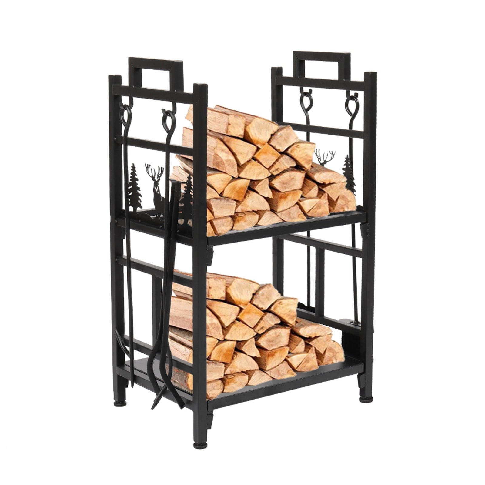 Outdoor Log Rack Firewood Storage Rack Outdoor, 2 Tier Outdoor Firewood Racks Log Holder with 4 Tools, Modern Firewood Holder Outdoor Small Log Rack w/ Animal Pattern XH