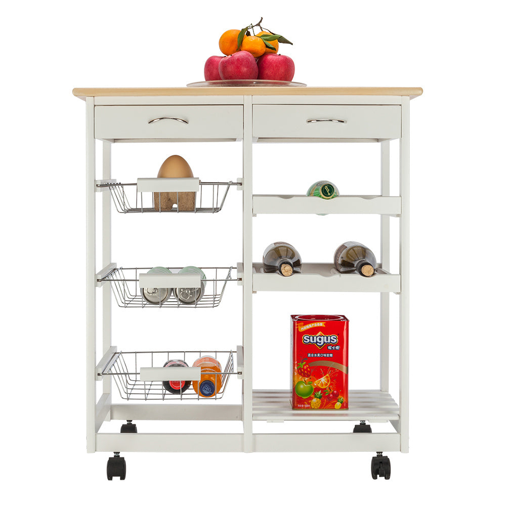 Free shipping Moveable Kitchen Cart with Two Drawers & Two Wine Racks & Three Baskets White YJ