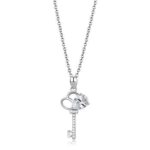 3W1380 - Rhodium 925 Sterling Silver Chain Pendant with AAA Grade CZ in Clear