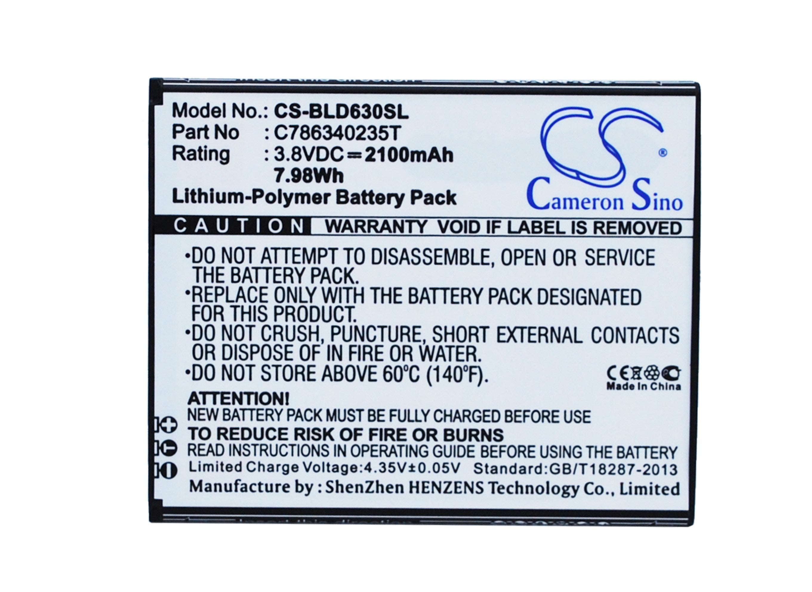 2100mAh Battery - CS-BLD630SL / Li-Polymer / Volts: 3.8