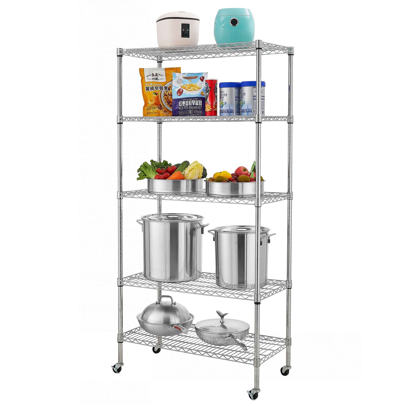 5-Tier NSF-Certified Steel Wire Shelving with Wheels Chrome YJ