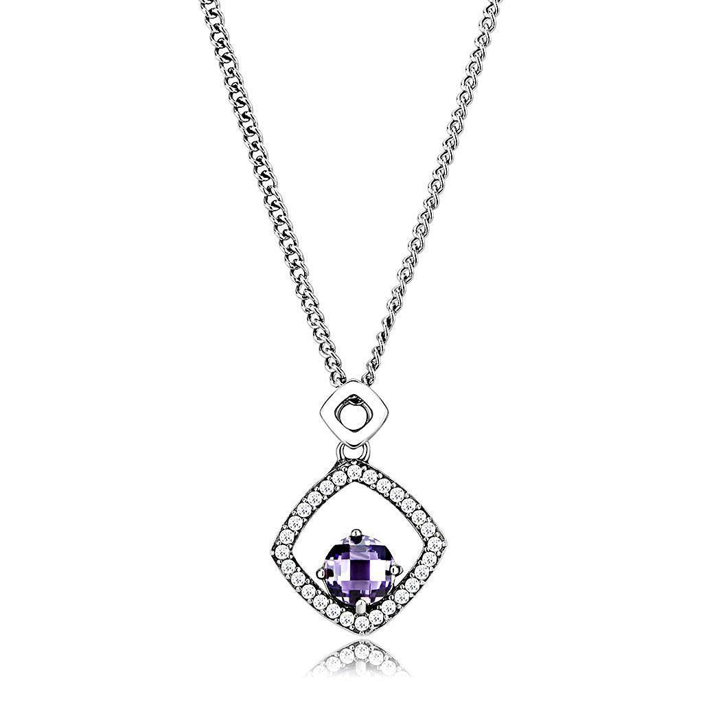 DA229 - High polished (no plating) Stainless Steel Chain Pendant with AAA Grade CZ in Amethyst