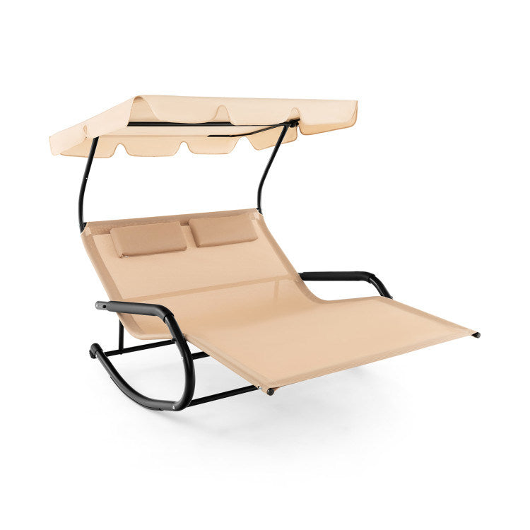 Outdoor 2 Persons Rocking Chaise Lounge with Canopy and Wheels