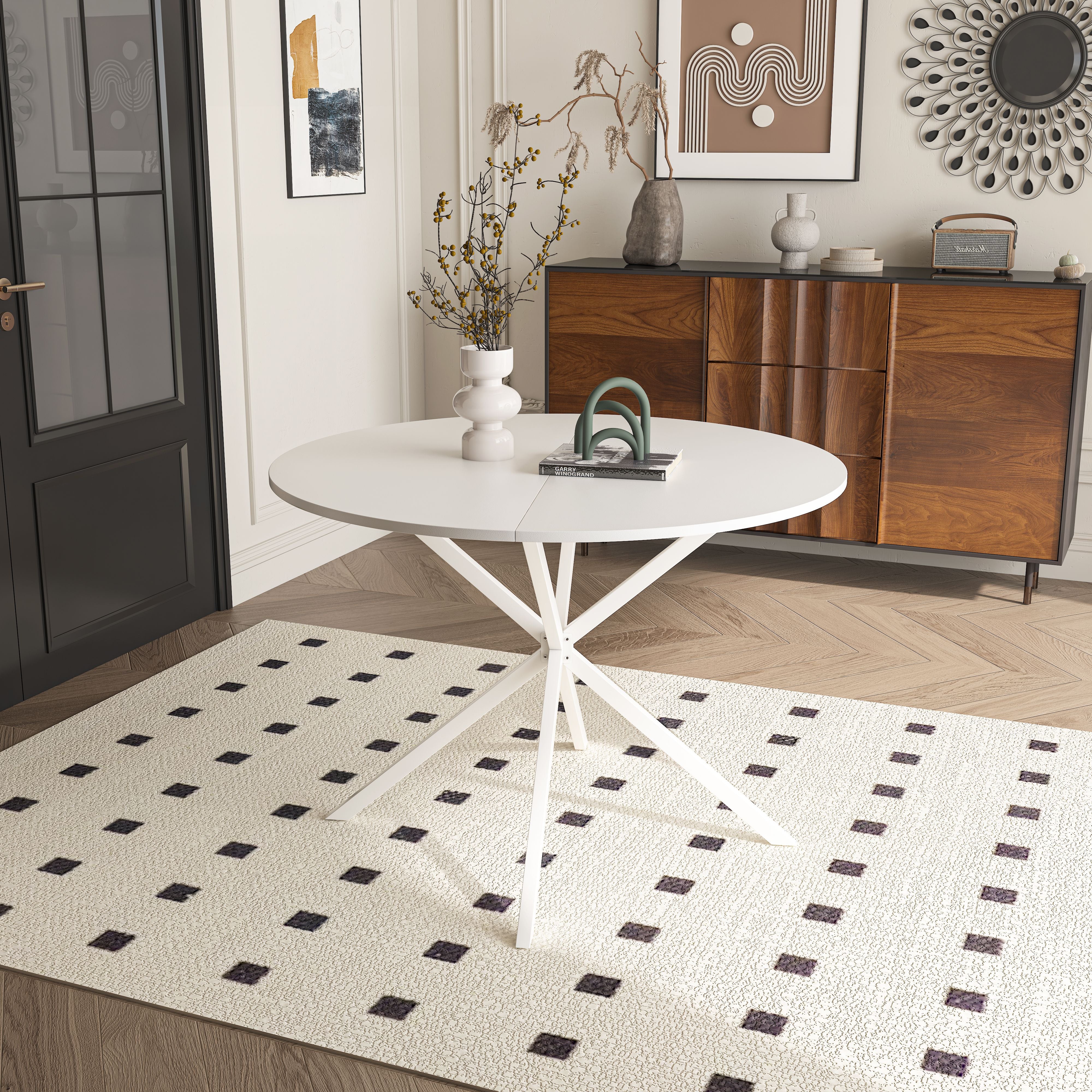 42.13'' Modern Cross Leg Round Dining Table, Occasional Table, Two Piece Removable Top, Matte Finish Iron Legs