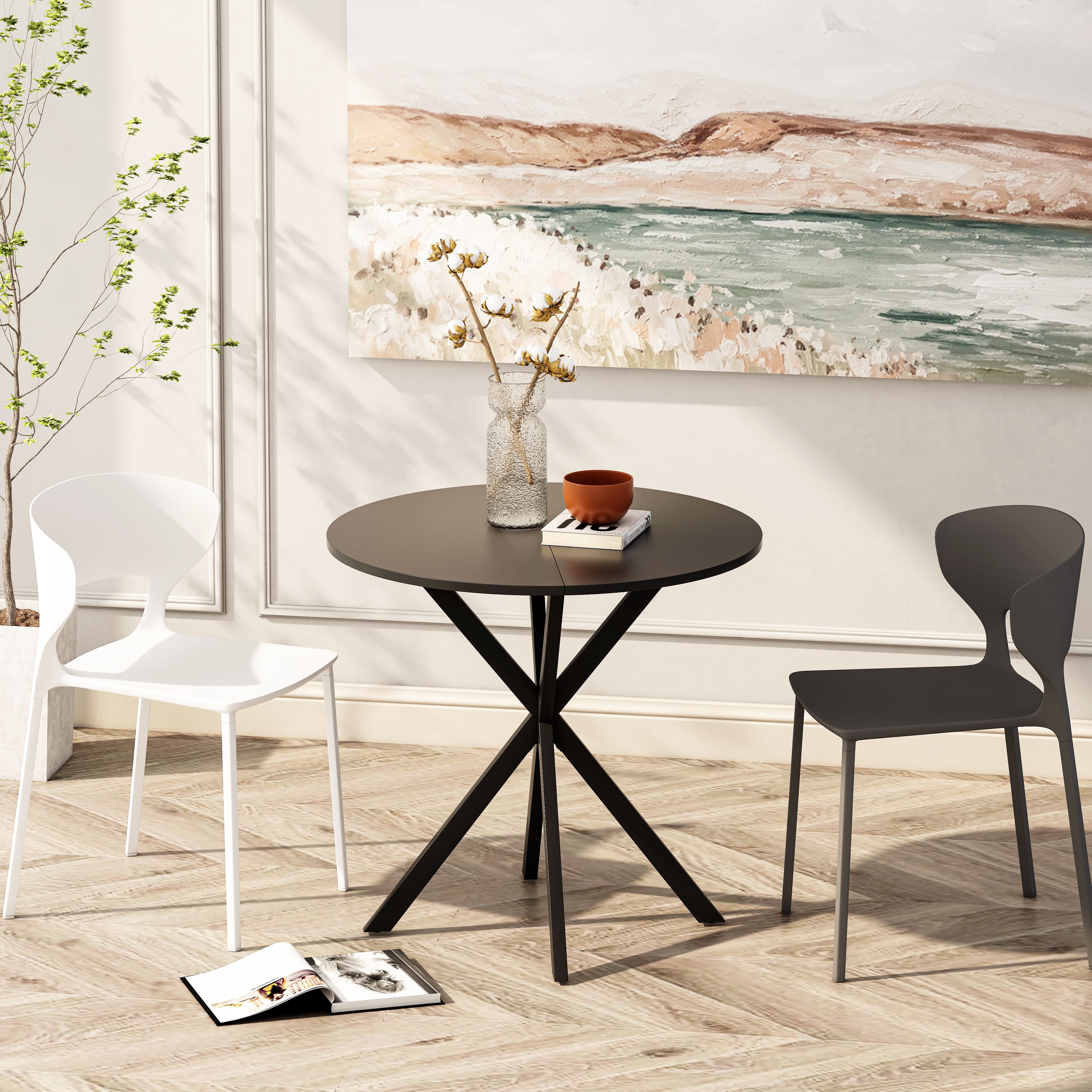 31.5'' Modern Round Dining Table with Crossed Legs, Occasional Table, Two Piece Detachable Table Top, Matte Finish Iron Legs