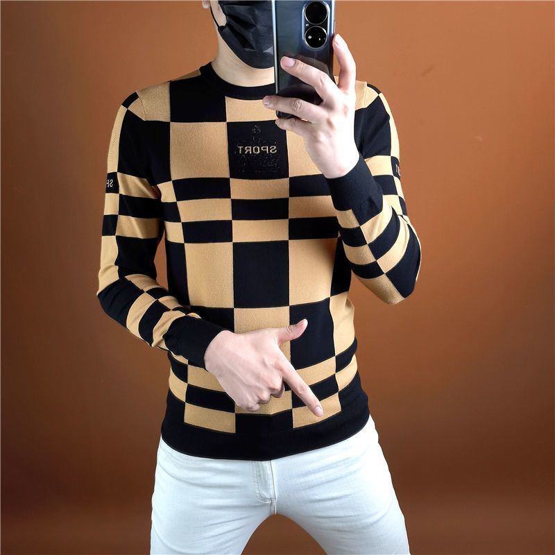 Fashion Printed O-Neck Loose Letter Lattice T-Shirt Men's Clothing Autumn Casual Pullovers Tee Shirt
