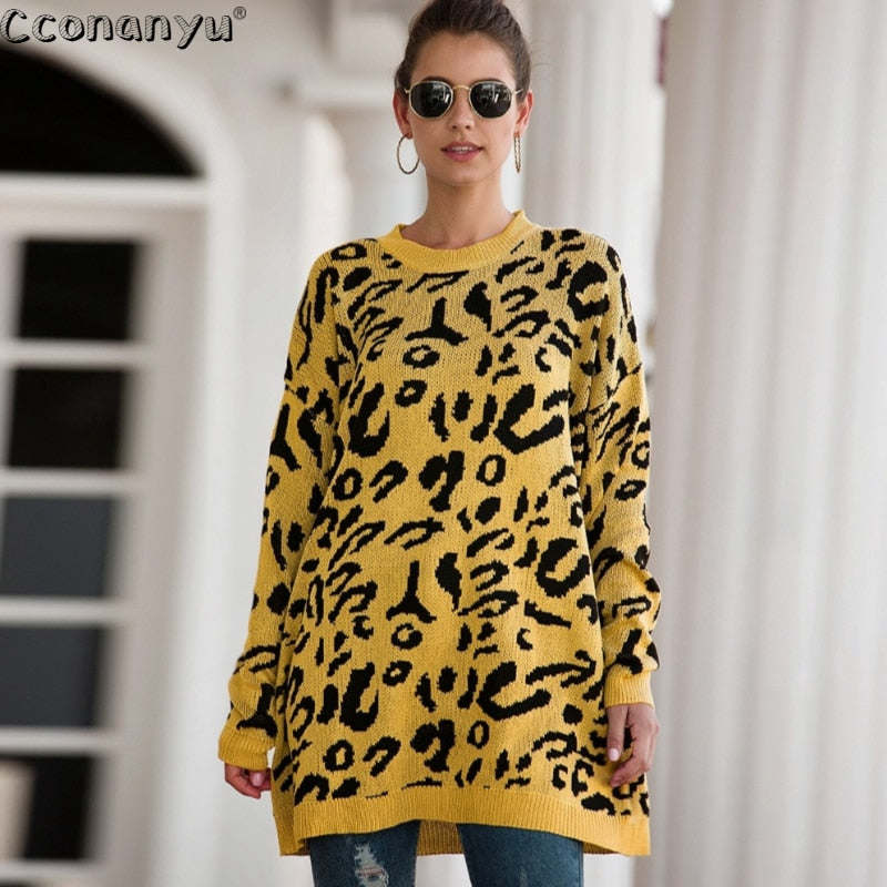 Autumn winter clothing ladies long sweater fashion women's loose pullovers and sweaters leopard print knitted sweater