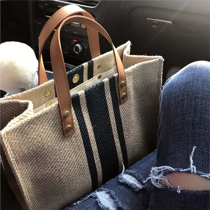 Fashion Large Canvas Handbag For Women Vintage Striped Tote Bag Female Portable Briefcase