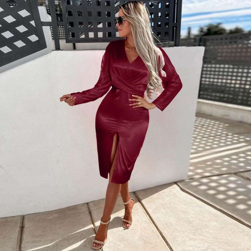 Bodycon Sexy Party Silk Robe Satin Dress For Women Short Sleeve One Shoulder High Split Ruched Evening Dresses