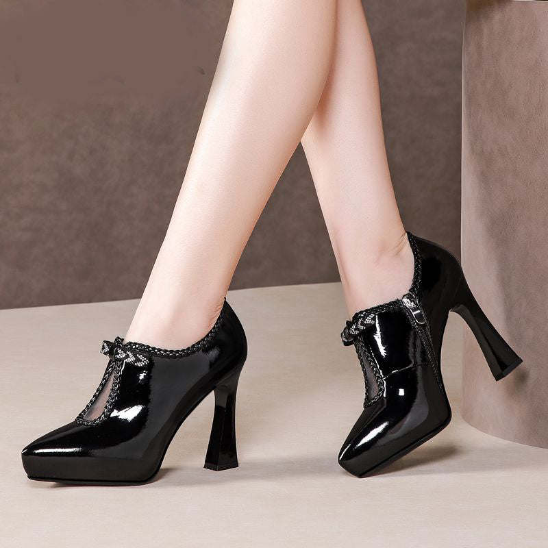 Block-heel Deep Patent Leather Low-top High Heels