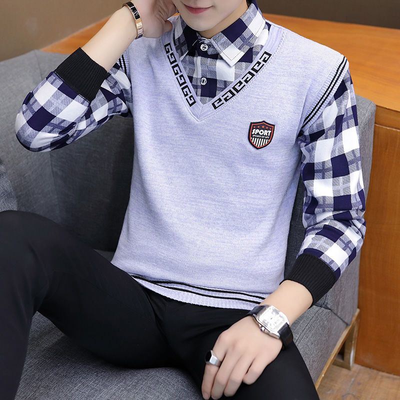 Fashion Lapel Spliced Knitted Fake Two Pieces Lattice Sweater Men's Clothing Autumn New Casual Pullovers