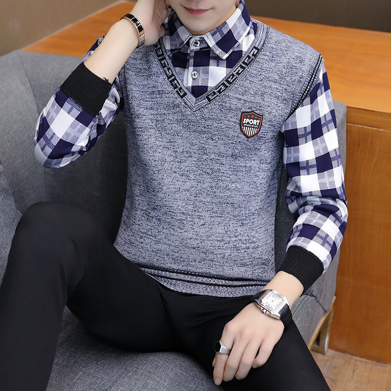 Fashion Lapel Spliced Knitted Fake Two Pieces Lattice Sweater Men's Clothing Autumn New Casual Pullovers
