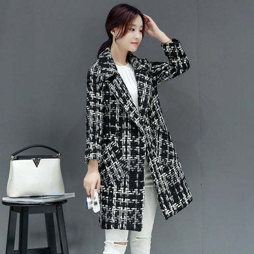Green Plaid Coat Female Autumn Winter Mid-long Women's Blended Woole