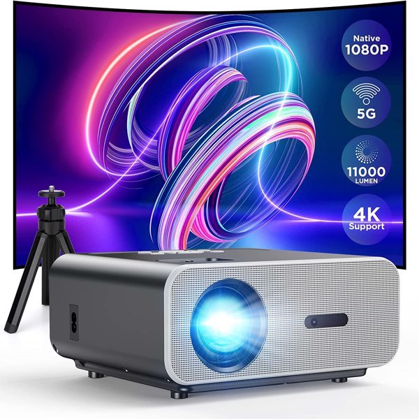 Projector with 5G WiFi and Bluetooth, VACASSO Native 1080P Portable Projector 4K Supported with Tripod, 11000L Movie Home Projector Compatible with HD