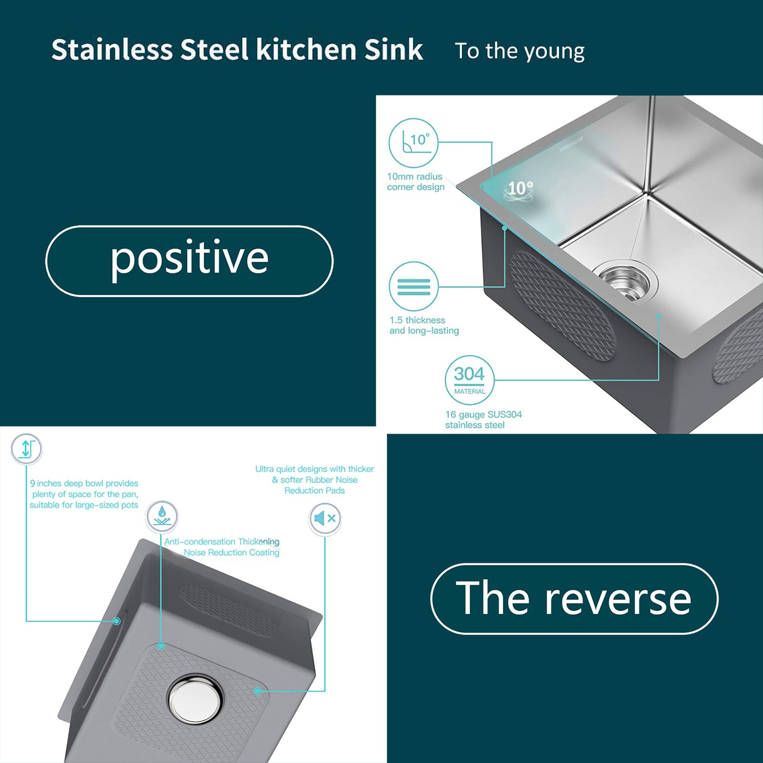 22.5 inch Undermount 16 Gauge Single Bowl Stainless Steel Kitchen Sink, Bar Sink