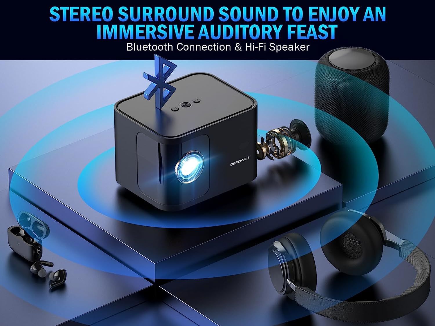 5G WiFi Mini Bluetooth Projector 4K Support, 300 ANSI HD 1080P Portable Video Projector, ±40° Vertical Keystone|Zoom|Timer, DBPOWER Smartphone Project