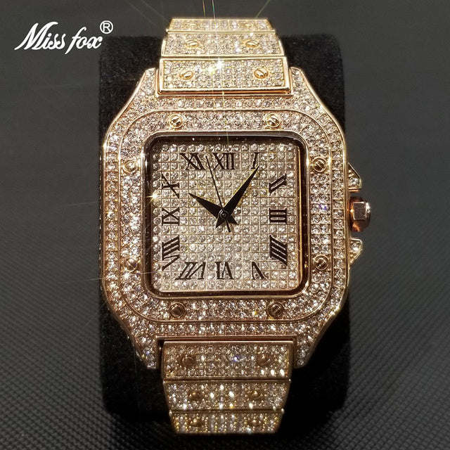 MISSFOX Ice Out Square Watch For Men Top Brand Luxury Full Diamond Men's Watches Ultra Thin Waterproof Hip Hop Clock