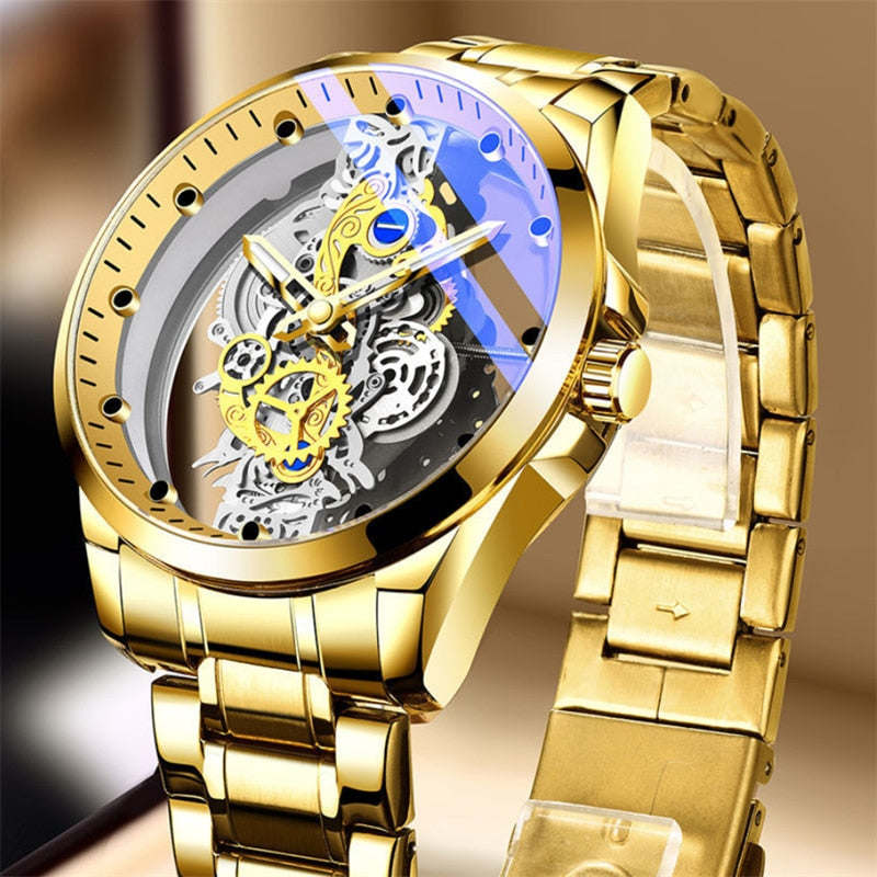 Authentic Skeleton Quartz Watch Stainless Steel Waterproof Men Watches Built-in Battery Drive Ransparent Luxury Original A4281