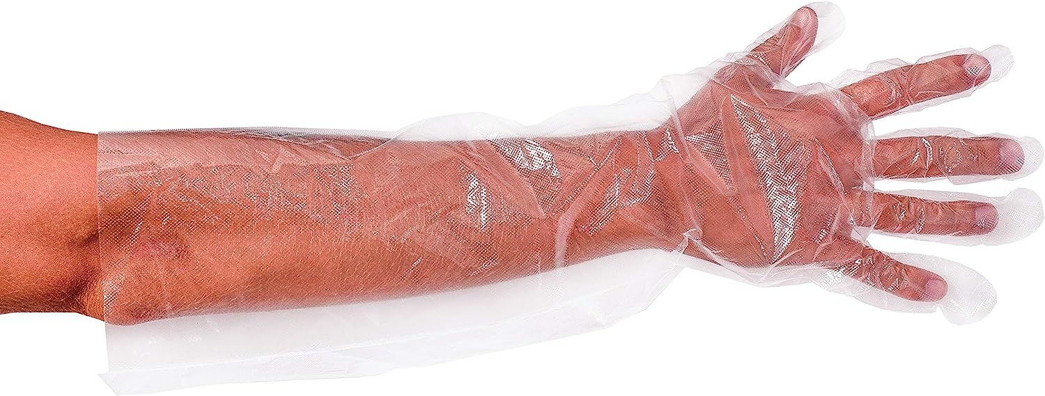 200 Pack High Density Polyethylene Elbow Gloves 22" long, thickness 1.1 mil Clear Non Exam Gloves. Disposable PE Gloves for Food Service Areas. Plasti