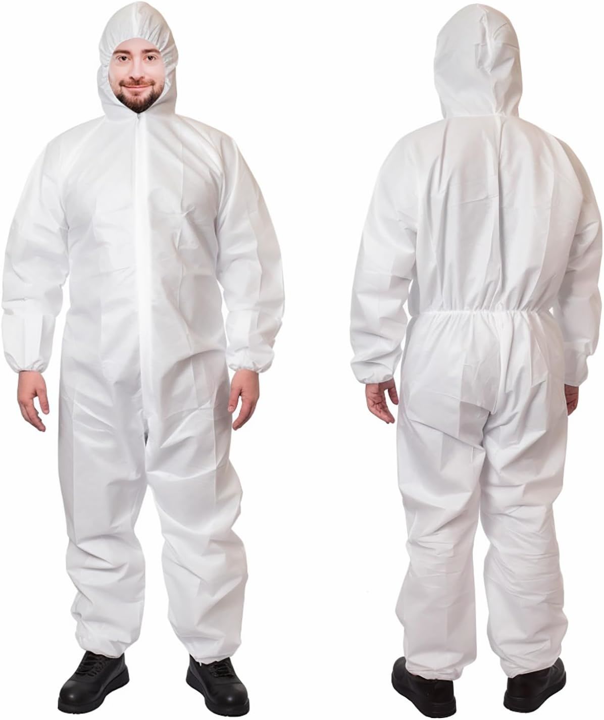 Disposable Coveralls Large, White Microporous Polypropylene Hazmat Suits Disposable, Waterproof 60 GSM Protective Suits with Elastic Hood, Wrists, Ank