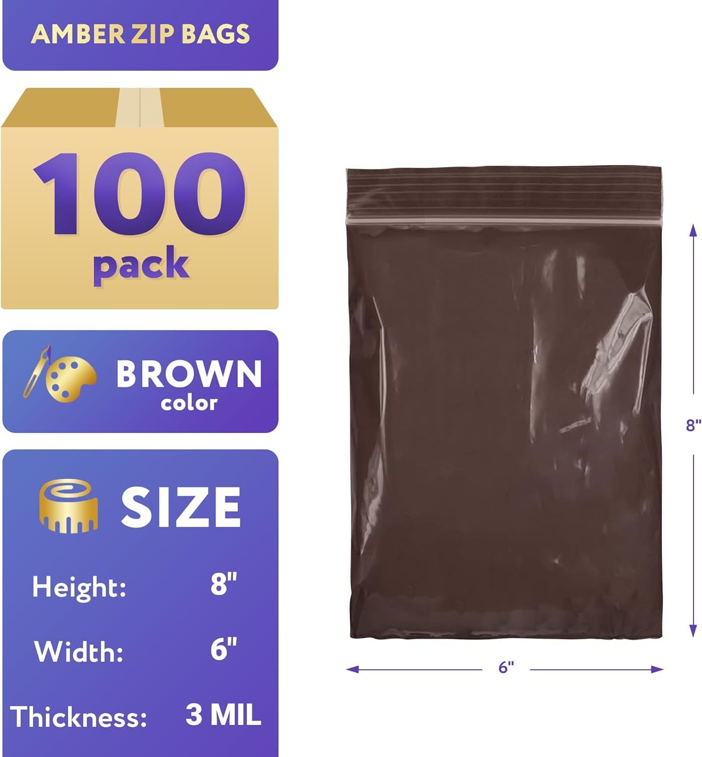 Brown Amber Zip Bags 6 x 8, Poly Zip Bags for Storage Pack of 100, Durable Plastic Bags Resealable 3 Mil, Water-Resistant Poly Zipper Bags, Poly & Pla