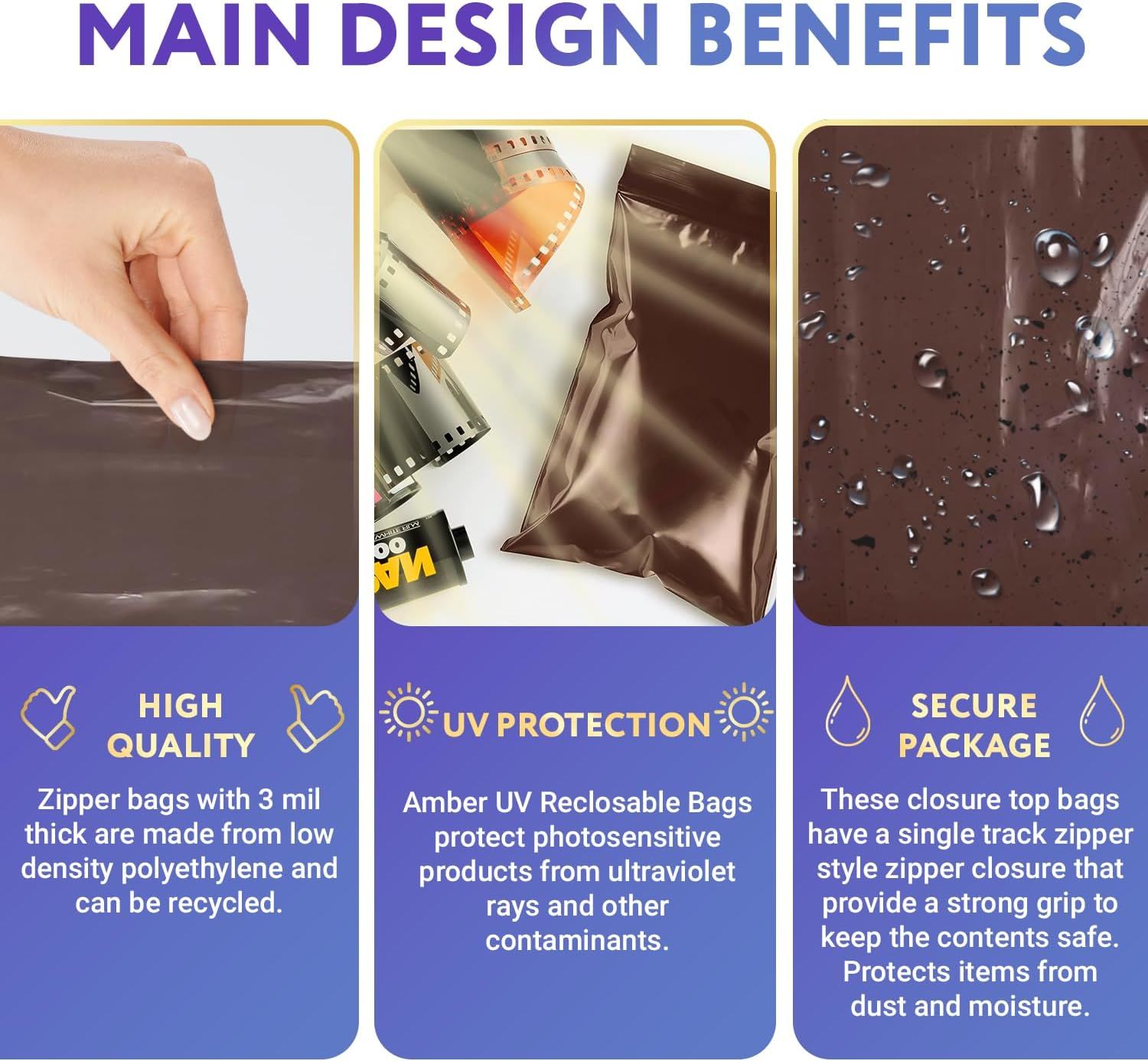 Brown Amber Zip Bags 6 x 8, Poly Zip Bags for Storage Pack of 100, Durable Plastic Bags Resealable 3 Mil, Water-Resistant Poly Zipper Bags, Poly & Pla