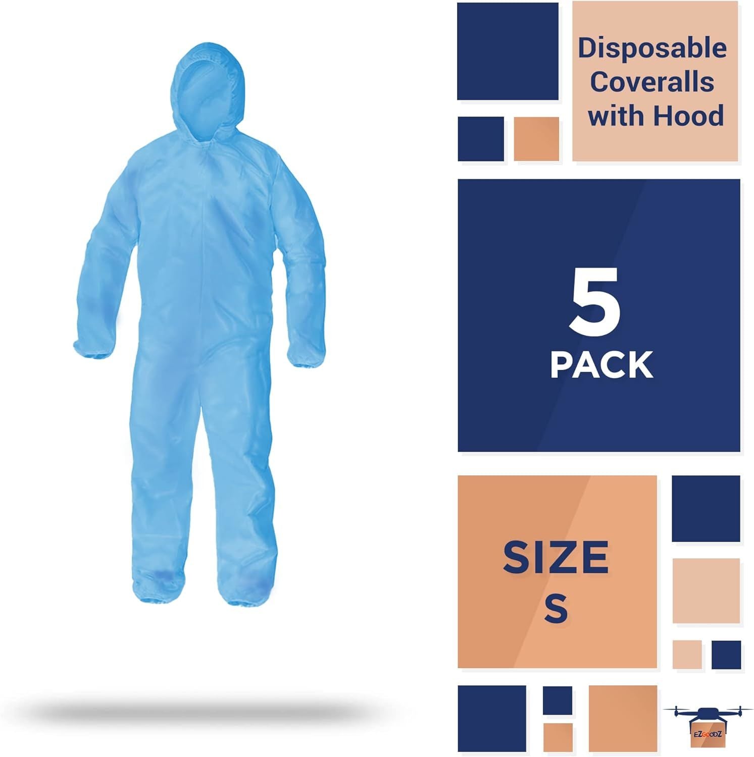 Disposable Coveralls for Men, Women, Pack of 5 Small Blue Hazmat Suits Disposable, SMS 50 gsm Hazmat Suit Costume with Hood, Elastic Wrists, Ankles, Z