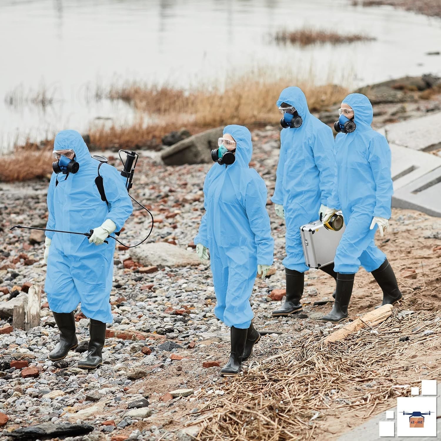 Disposable Coveralls for Men, Women, Pack of 5 Small Blue Hazmat Suits Disposable, SMS 50 gsm Hazmat Suit Costume with Hood, Elastic Wrists, Ankles, Z