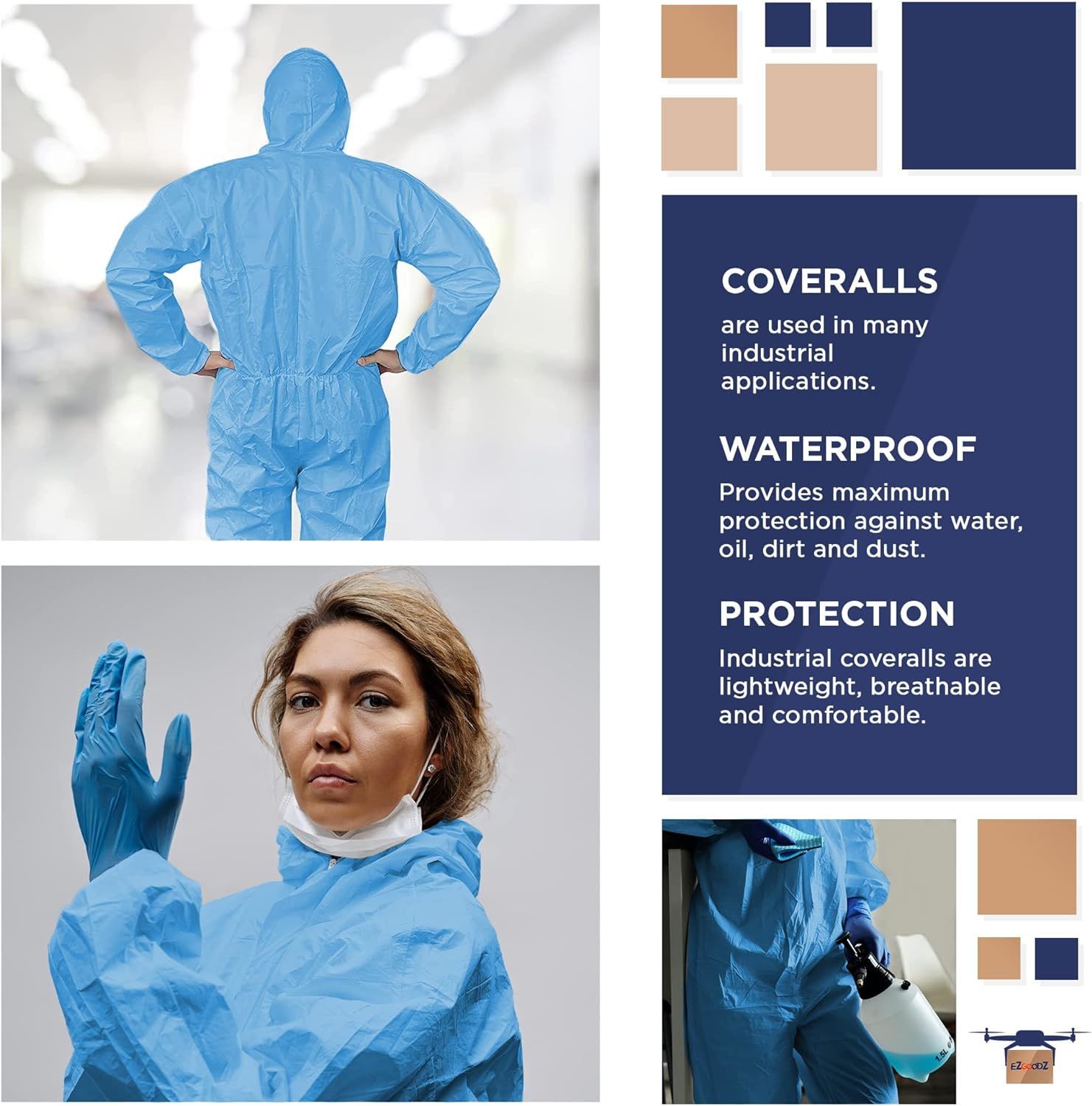 Disposable Coveralls for Men, Women, Pack of 5 Small Blue Hazmat Suits Disposable, SMS 50 gsm Hazmat Suit Costume with Hood, Elastic Wrists, Ankles, Z