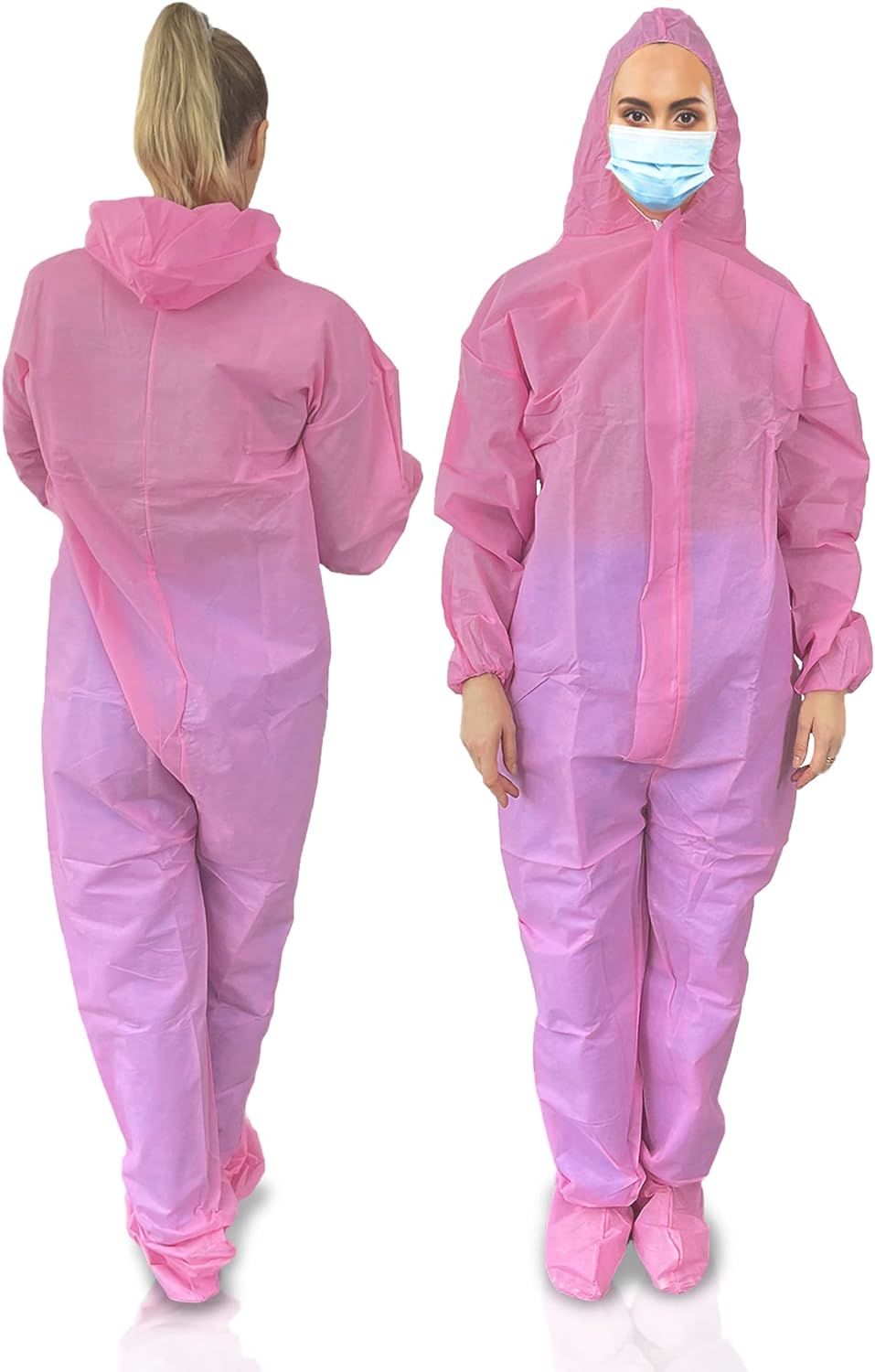 Disposable Coveralls with Hood, Boots, Zip, Elastic Cuffs and Ankles, Pack of 25 Medium Pink Hazmat Suits Disposable, SPP 45gsm Disposable Hazmat Suit