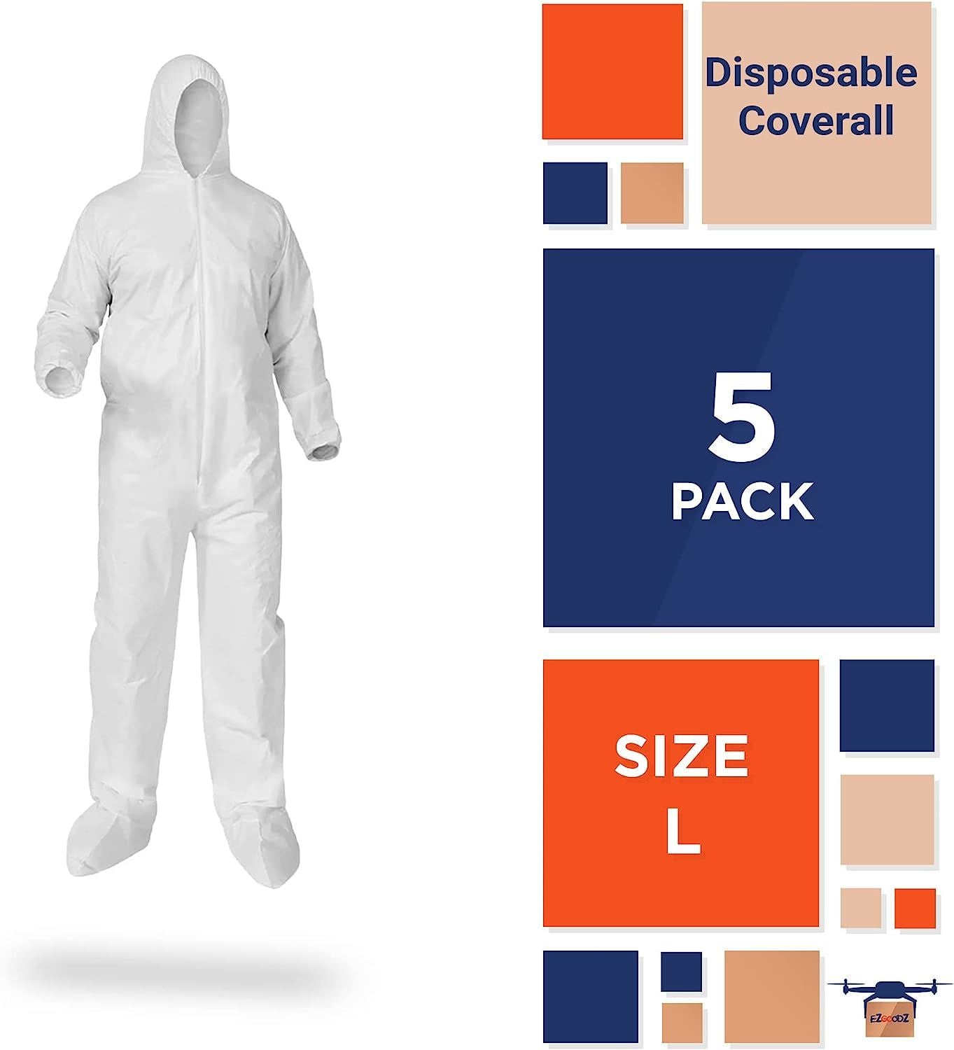 Disposable SF Coveralls, 71" Long. Pack of 5 White Large Body Protective Suits. Unisex Polypropylene 50 gsm Workwear with Microporous Film, Hood & Boo