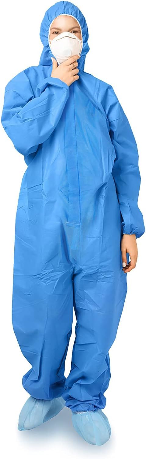 Disposable Coveralls for Men, Women, X-Large Blue Hazmat Suits Disposable, SMS 50 gsm Hazmat Suit Costume with Hood, Elastic Wrists, Ankles, Zip, Spla