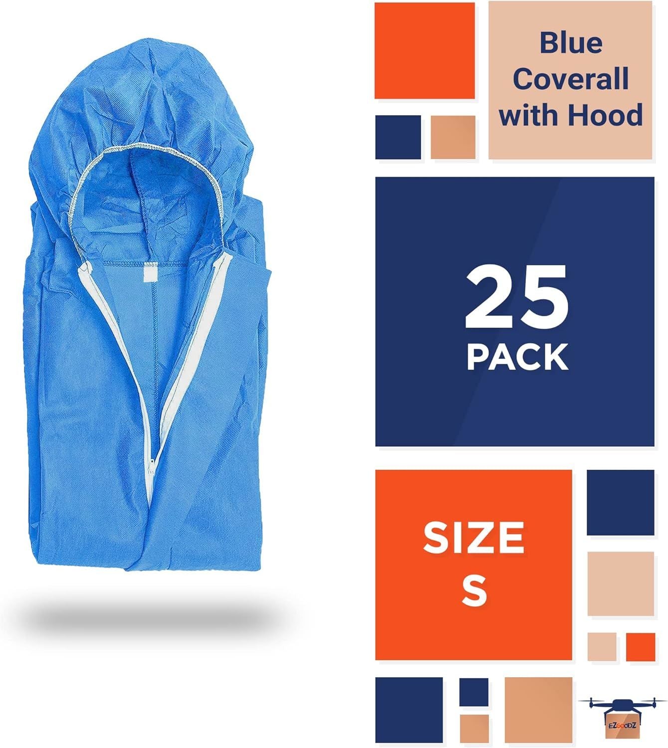 Disposable Coveralls for Men, Women, Pack of 25 Small Blue Hazmat Suits Disposable, SMS 50 gsm Hazmat Suit Costume with Hood, Elastic Wrists, Ankles,