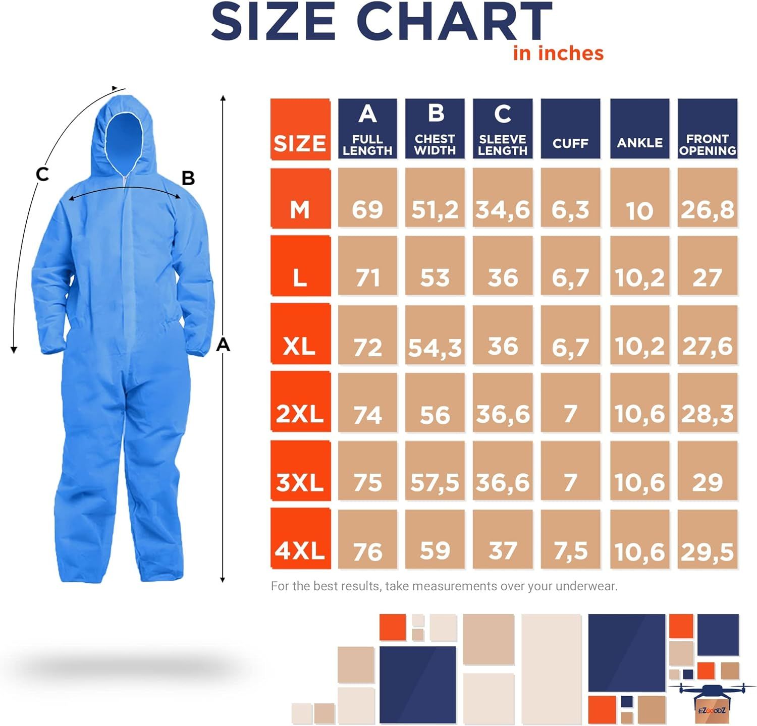 Disposable Coveralls for Men, Women, Pack of 25 Small Blue Hazmat Suits Disposable, SMS 50 gsm Hazmat Suit Costume with Hood, Elastic Wrists, Ankles,
